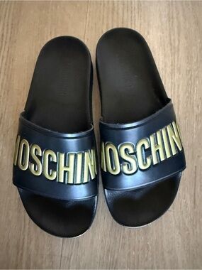 Moschino Black Gold Logo Pool Slide Sandals EU 36 US 6